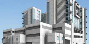 Revit 3D model of a building with detailed exterior and structural design.