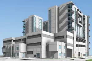 Revit 3D model of a building with detailed exterior and structural design.