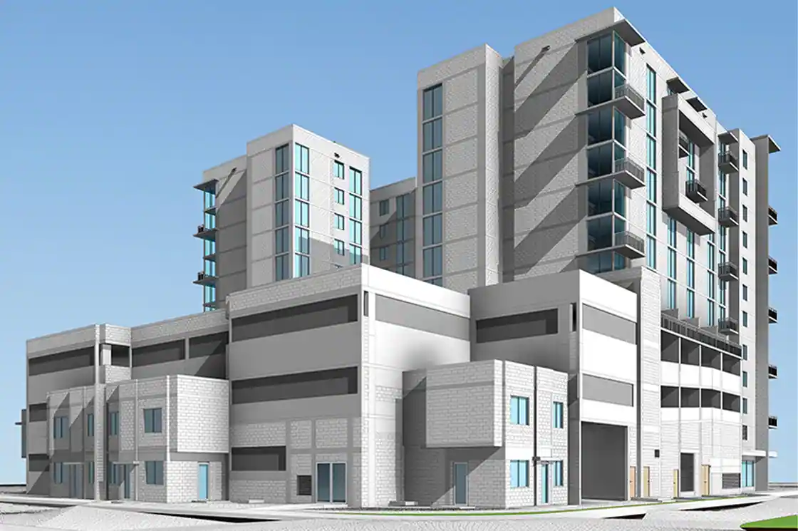 Revit 3D model of a building with detailed exterior and structural design.